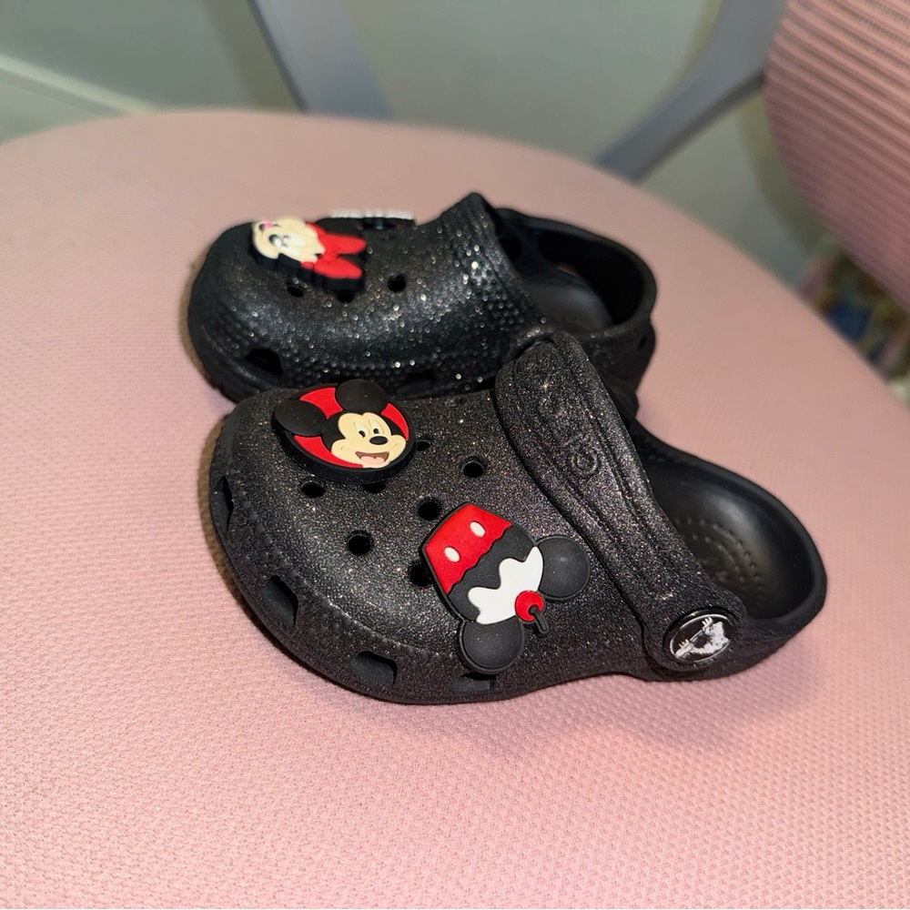 Kids Black Glitter Clogs with Cartoon Design
